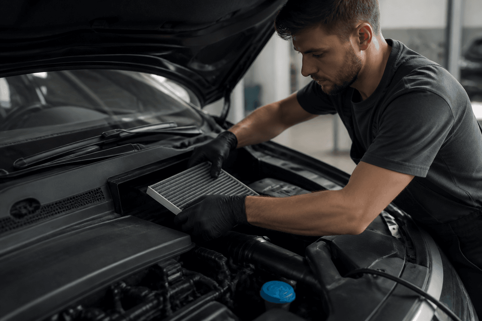 Technician replacing a vehicle air filter