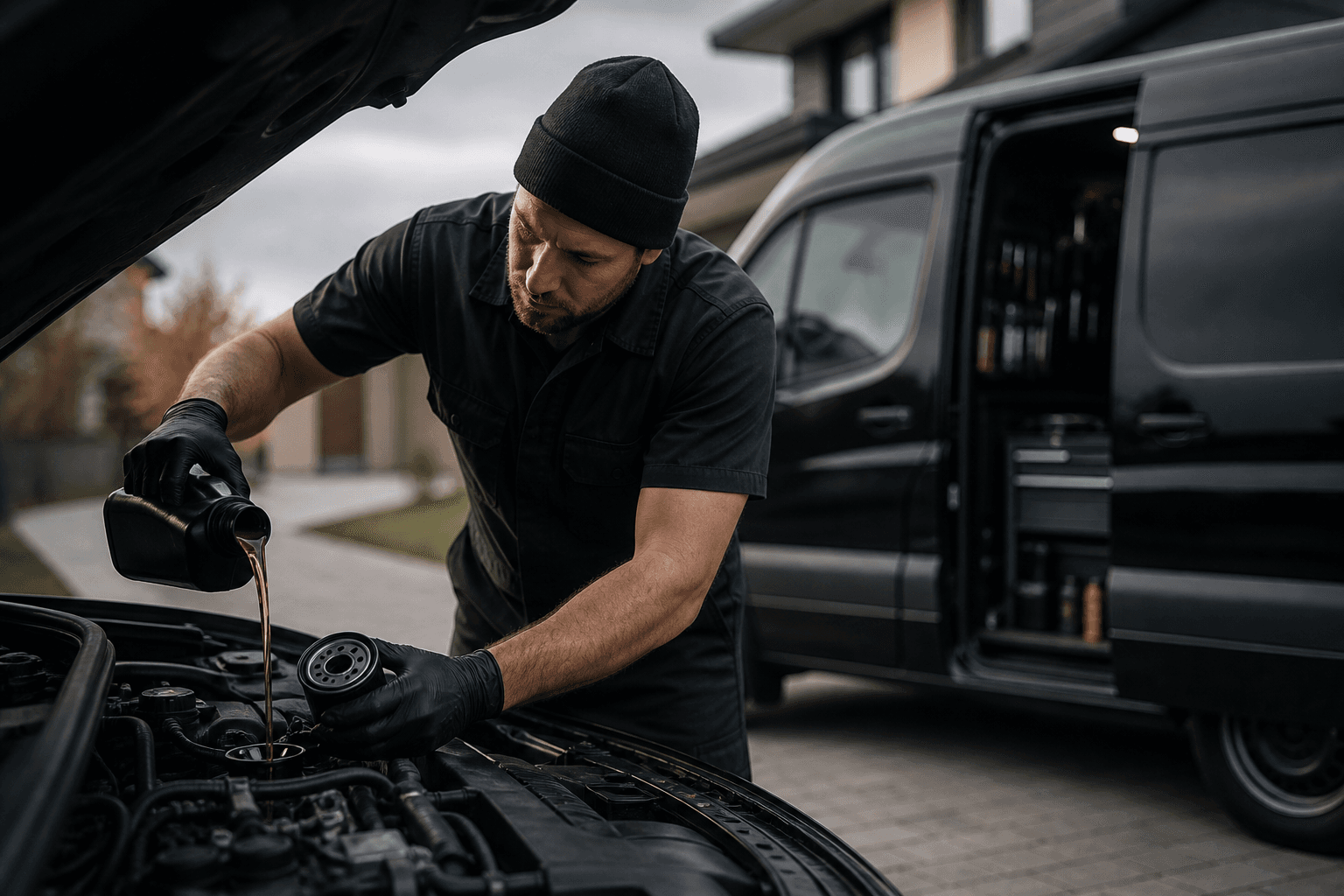 Mobile mechanic performing an oil and filter change