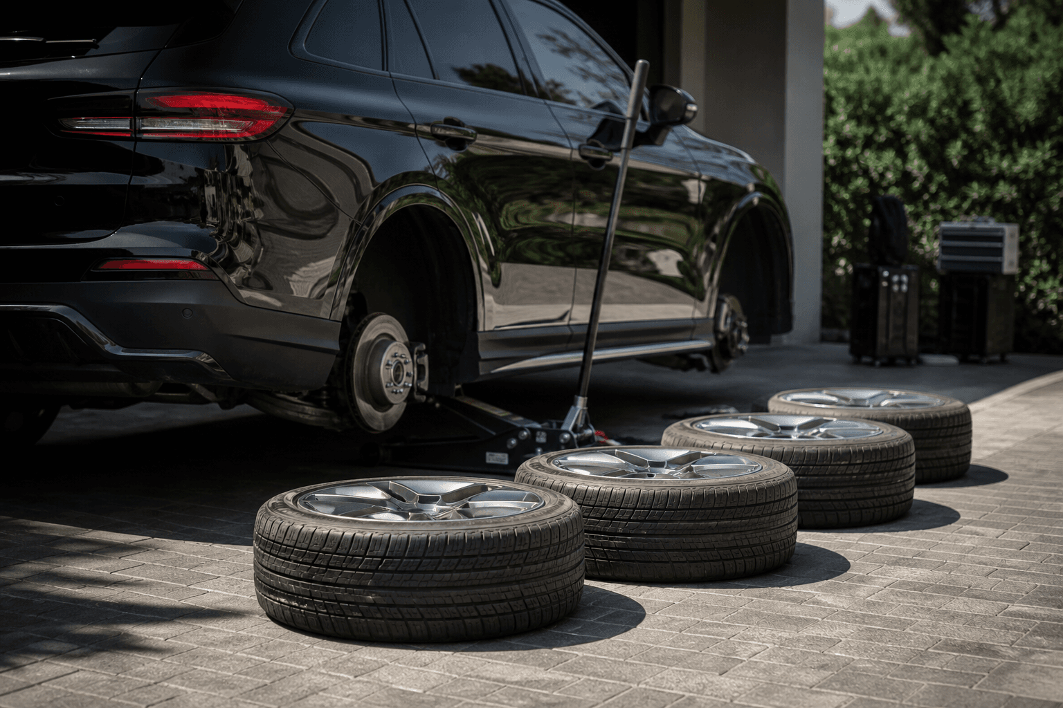 Seasonal tire change on a vehicle in a driveway