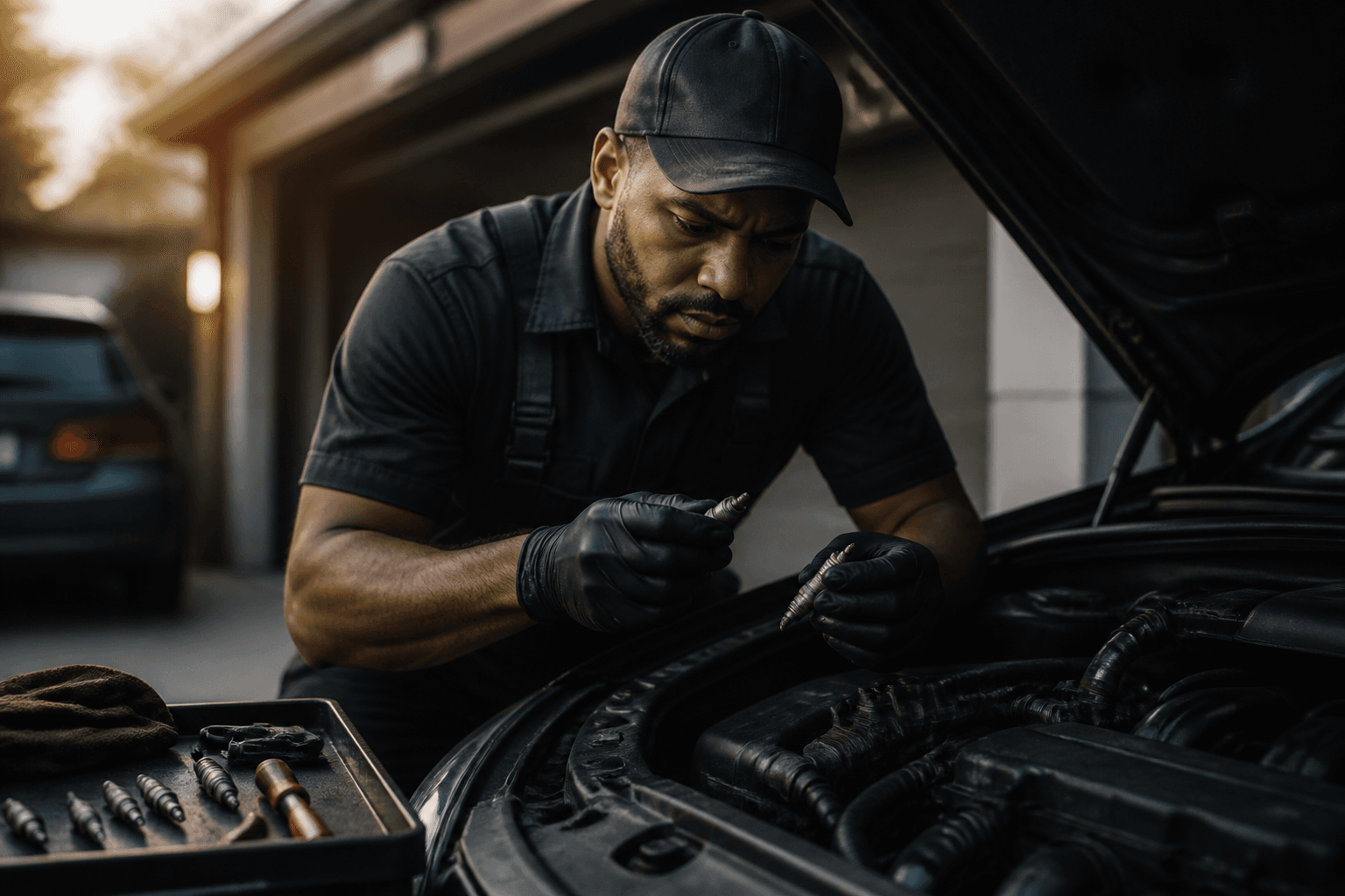 Mobile mechanic performing a tune-up inspection